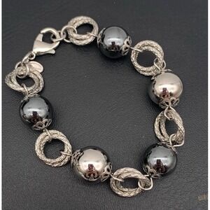 Signed SIMONA COLLINI ITALY Women's Stainless Steel Hematite Bead Bracelet